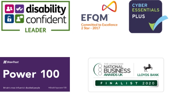 Accreditations for Purple Tuesday from Disability Confident Leader, EFQM Committed to Excellence, Cyber Essentials Plus, Shaw Trust Power 100 and Lloyds Bank National Business Awards Finalist 2020