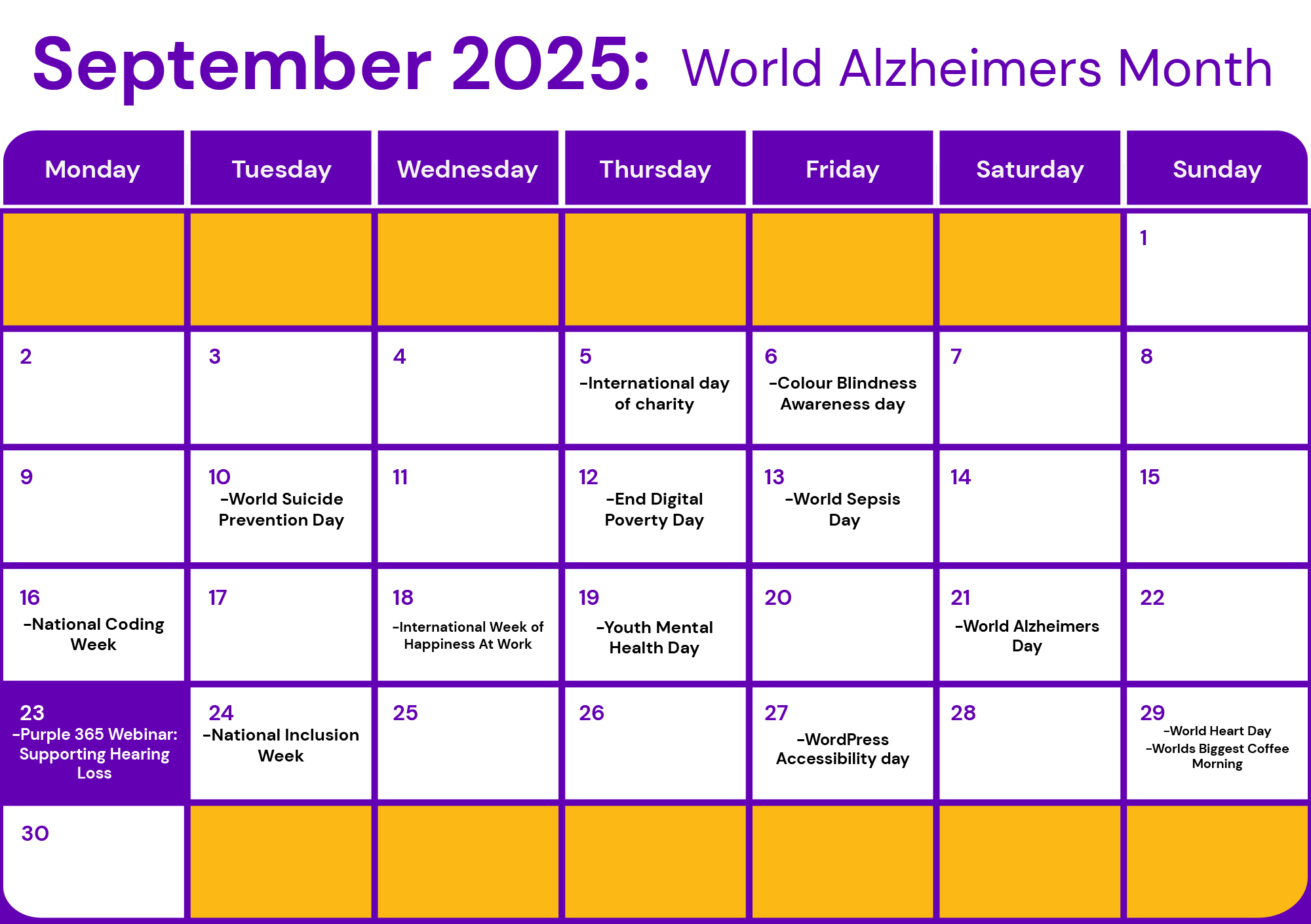 A calendar for September 2025 highlighting World Alzheimer's Month. Key awareness dates include: International Day of Charity on the 4th, Colour Blindness Awareness Day on the 6th, World Suicide Prevention Day on the 10th, End Digital Poverty Day on the 12th, World Sepsis Day on the 13th, National Coding Week starting on the 16th, International Week of Happiness at Work beginning on the 18th, Youth Mental Health Day on the 19th, World Alzheimer's Day on the 21st, Purple 365 Webinar – Supporting Hearing Loss on the 23rd, National Inclusion Week starting on the 24th, WordPress Accessibility Day on the 27th, and both World Heart Day and the World's Biggest Coffee Morning on the 29th
