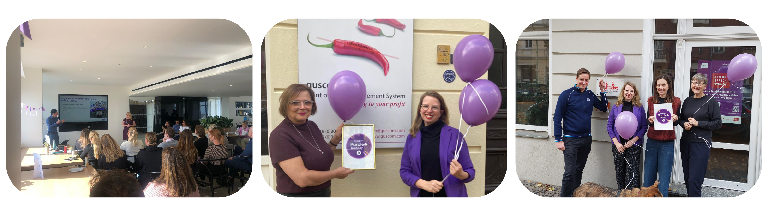 3 images, the first one is Groups of people seated, facing a screen adorned with Purple Tuesday branding, the 2nd is Two Purple Tuesday supporters, dressed in purple, surrounded by purple balloons, and the last is Enthusiastic Purple Tuesday supporters celebrating the occasion, all dressed in vibrant purple attire