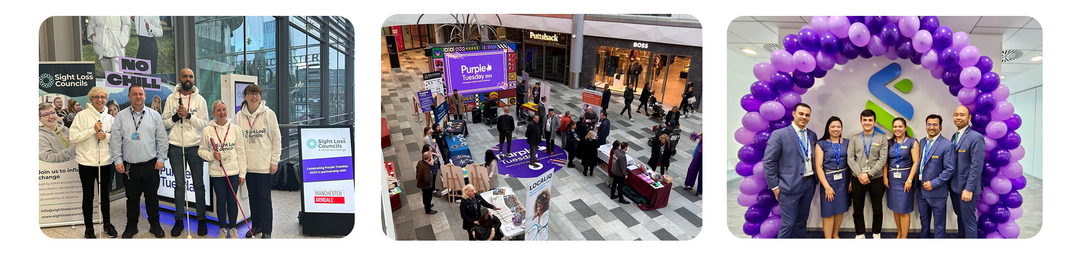 Allwyn employees gathered joyfully in front of the Piccadilly Lights, celebrating Purple Tuesday with vibrant Purple Tuesday Branding displayed