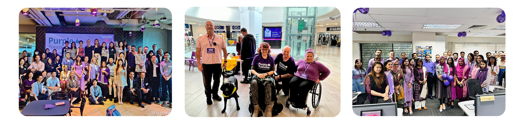 Allwyn employees gathered joyfully in front of the Piccadilly Lights, celebrating Purple Tuesday with vibrant Purple Tuesday Branding displayed