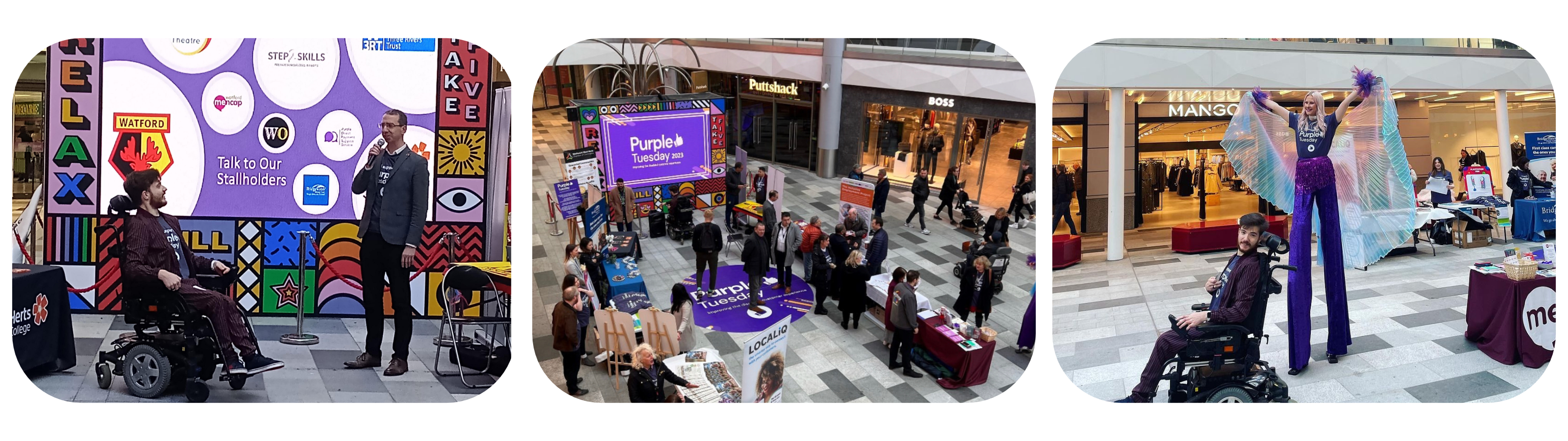 3 images combined into one, image one is Lee Keogh in a wheelchair on stage, addressing the audience in front of a screen featuring various logos, including Purple Tuesday, image two is a top-down view of the Purple Tuesday celebration at Watford Shopping Center and image three is Lee Keogh in a wheelchair alongside a person on stilts, both adorned in purple attire.