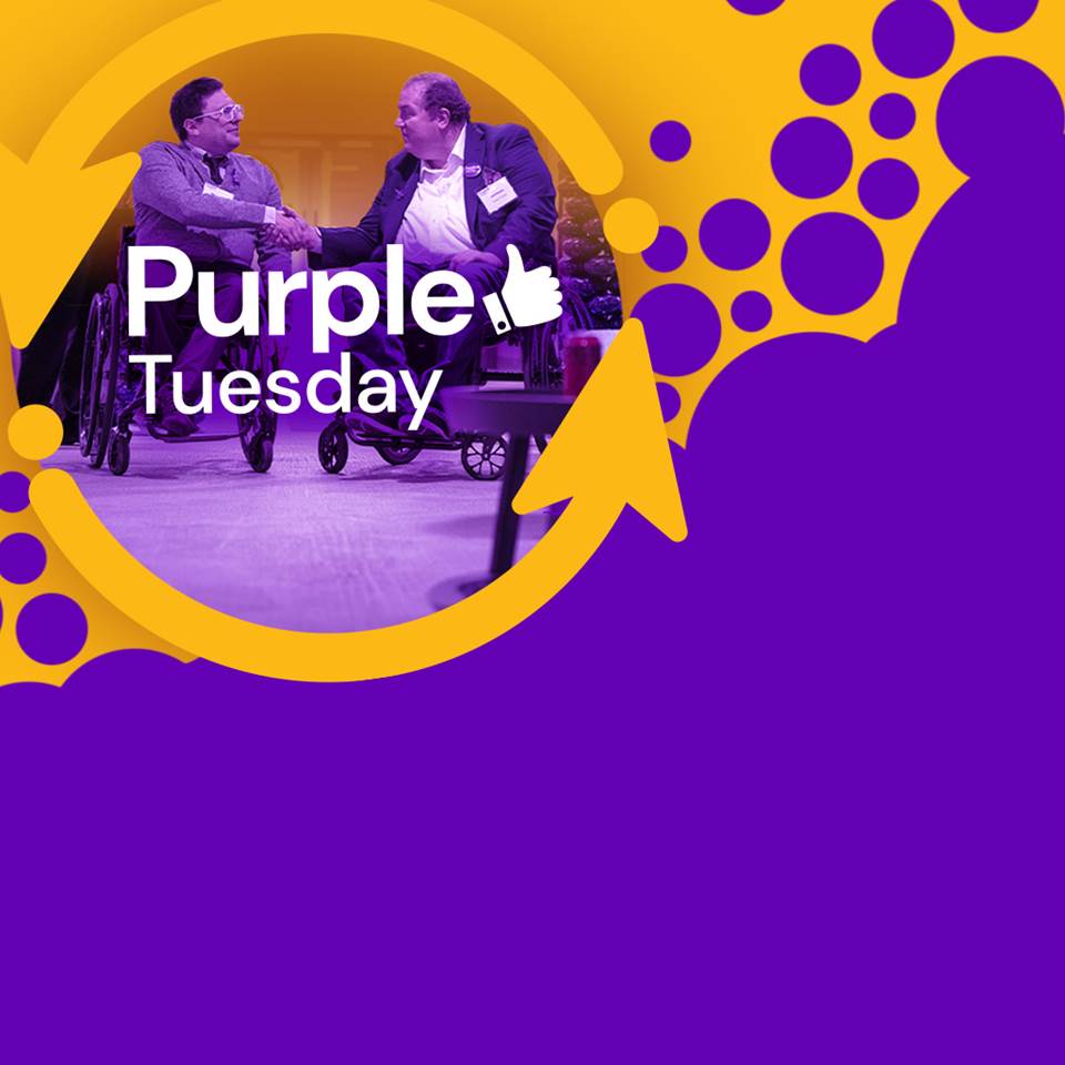 The Purple Tuesday logo with two men in wheelchairs shaking hands