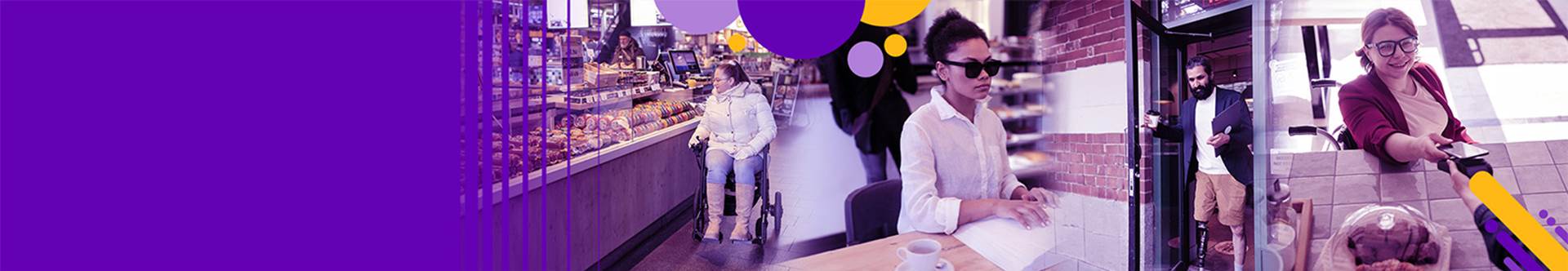 A collection of images showcasing diverse individuals with disabilities: a girl in a wheelchair looking at goods in a store, a blind person reading braille at a coffee shop, a man with a prosthetic leg walking through a door, and a woman in a wheelchair paying for goods.