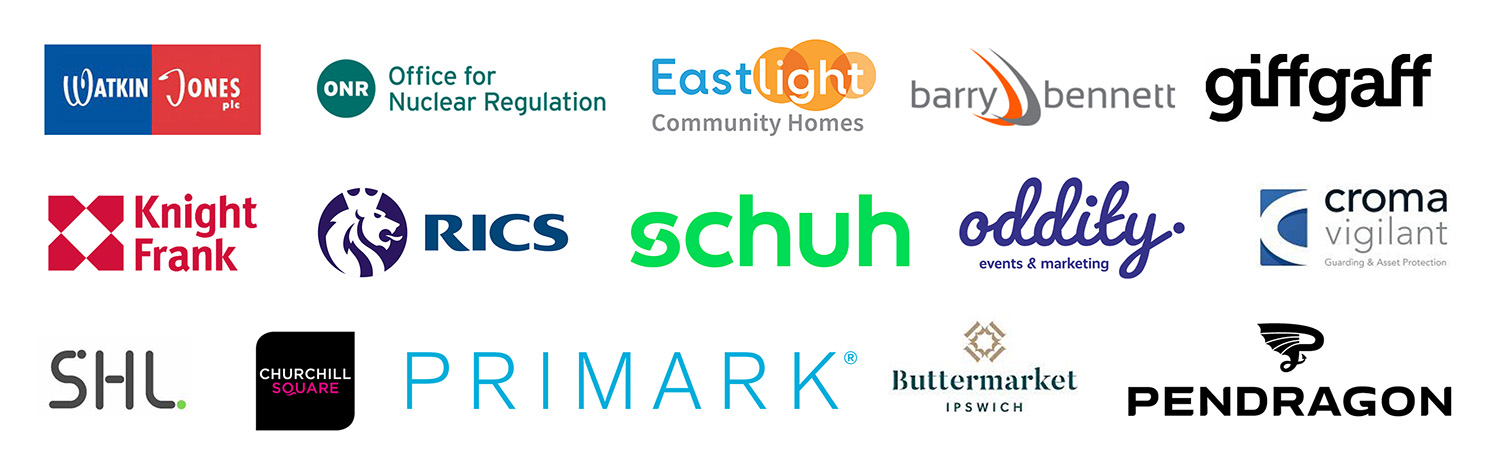 A collection of Logos :Watkin Jones, ONR, Eastlight, Barry Bennett, Giffgaff, Knight Frank, Rics, Schuh, Oddity, Croma Viligant, SHL. Churchill Square, Primark, Buttermarket and Pendragon.