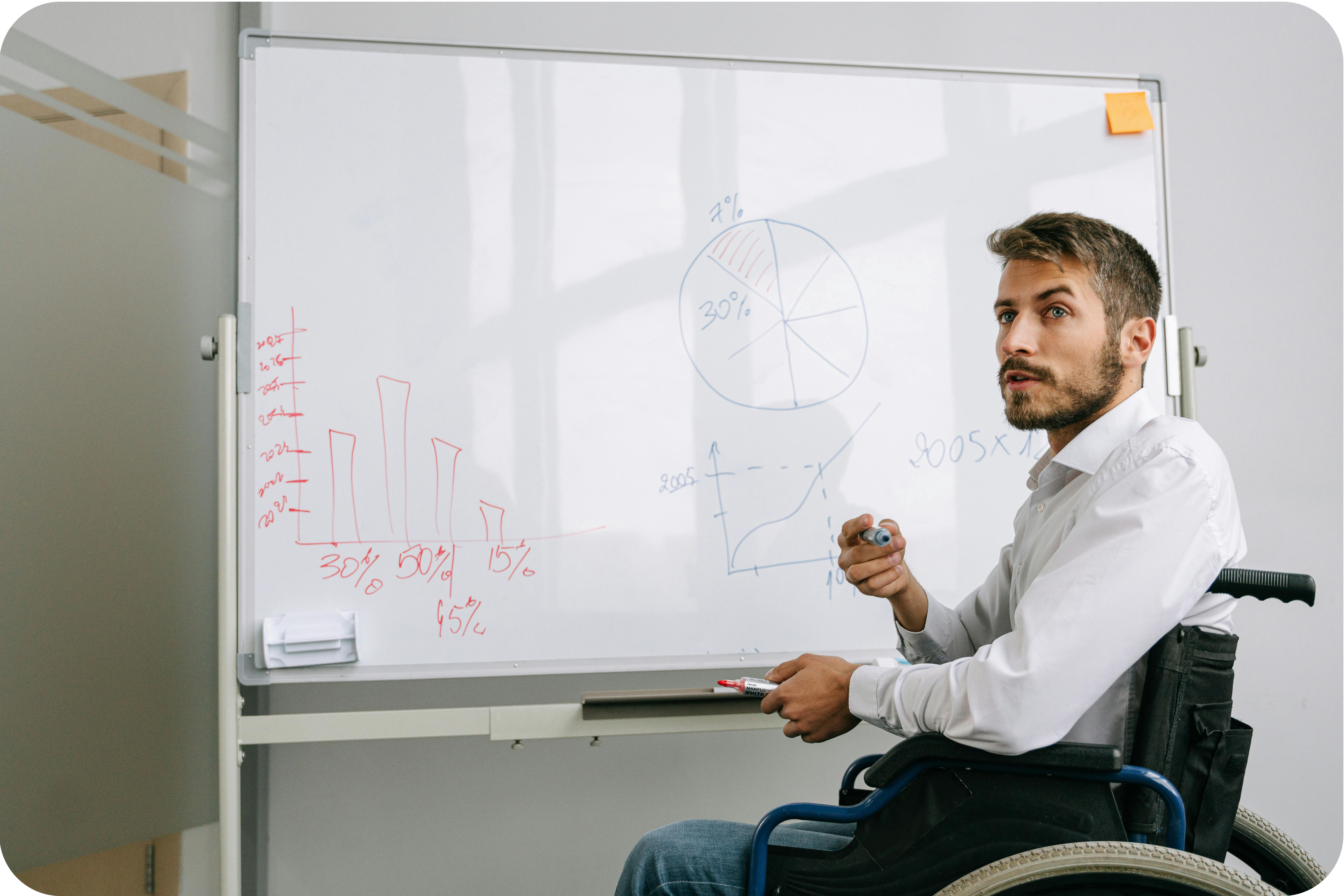 A man in a wheelchair in front of a whiteboard teaching