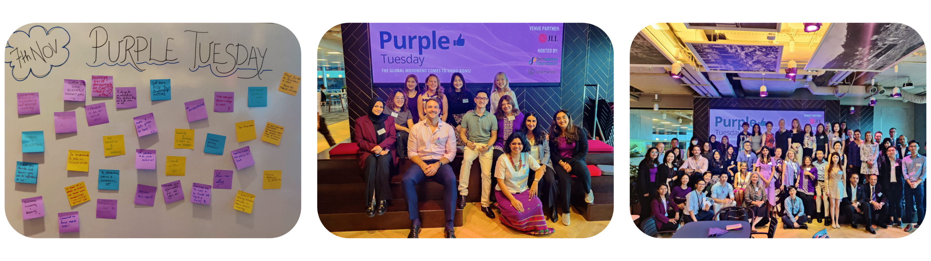 The Leathwaite offices adorned in a regal purple hue, creating a festive atmosphere as sponsor organizations come together, striking a pose for the photo. The image reflects a collaborative spirit and commitment to Purple Tuesday, embodying a supportive environment for disability inclusivity.