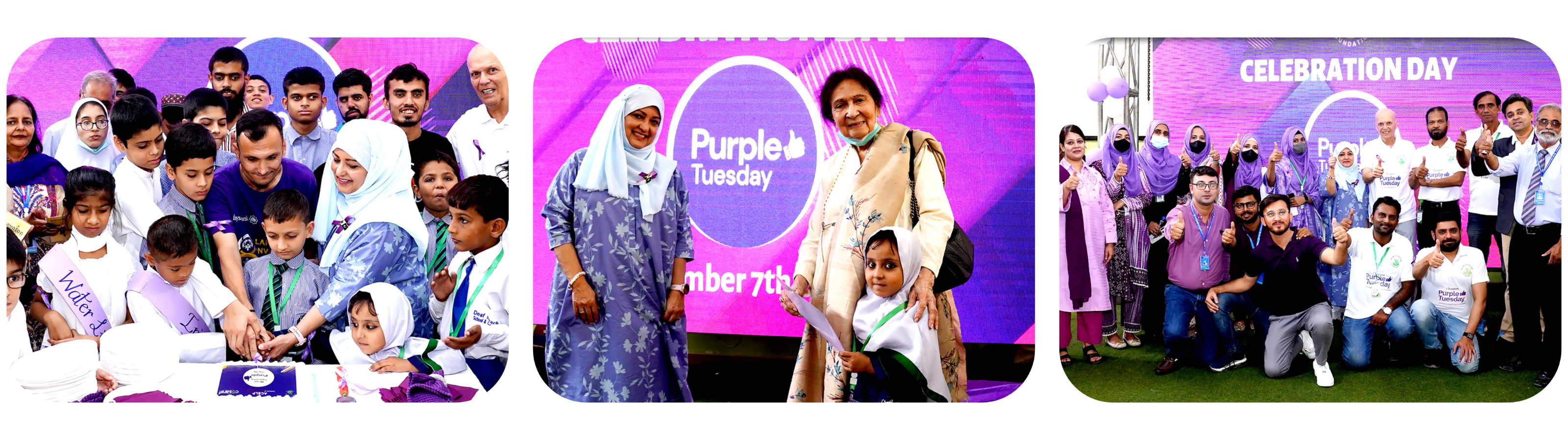 Vibrant scene of the Pakistan community and business partners, all adorned in purple attire, standing proudly in front of Purple Branding. The image captures the joyous celebration of Purple Tuesday 2023, showcasing unity and commitment to disability inclusivity.